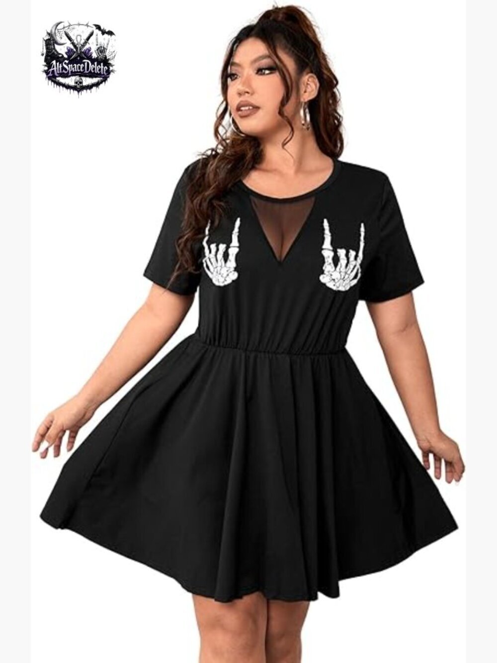 Plus Size Mesh Insert A-Line Dress Skeleton Print Casual Party Wear